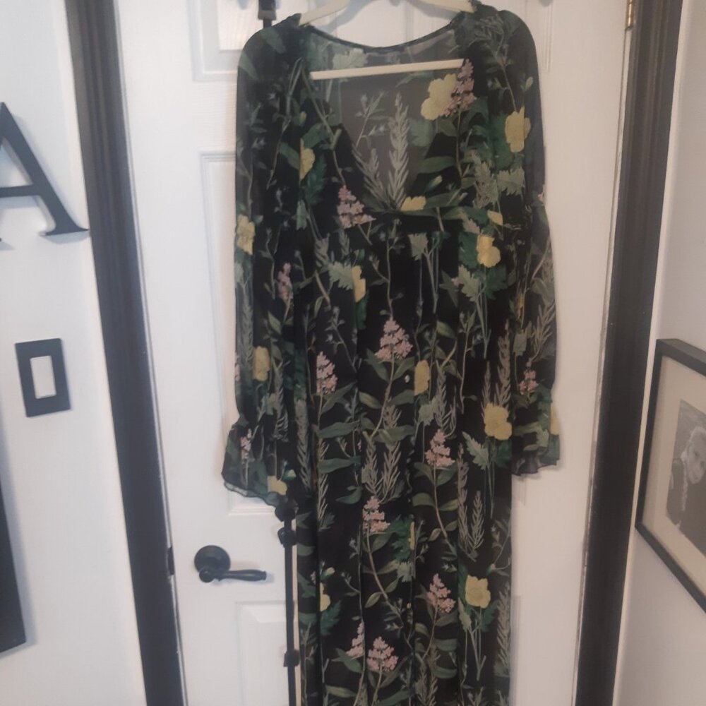 Olivaceous Floral Maxi Dress Size L – Blossom into a Walking Garden Catastrophe!